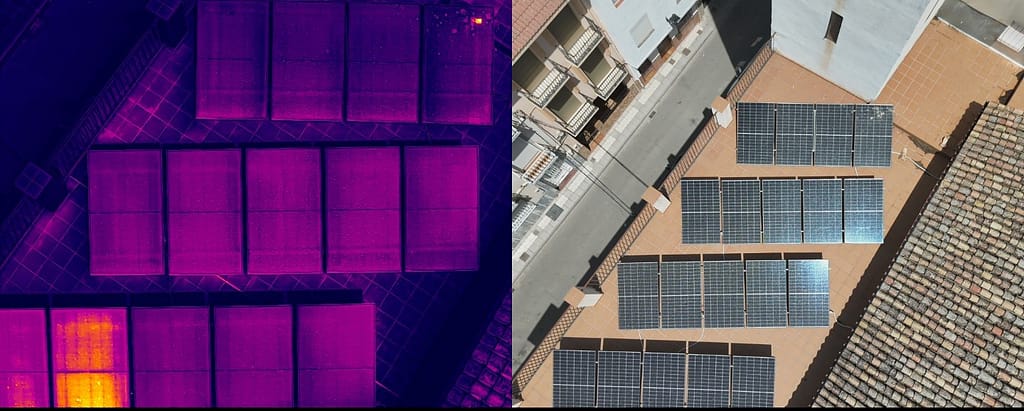 Dron inspeccionando instalación de placas solares