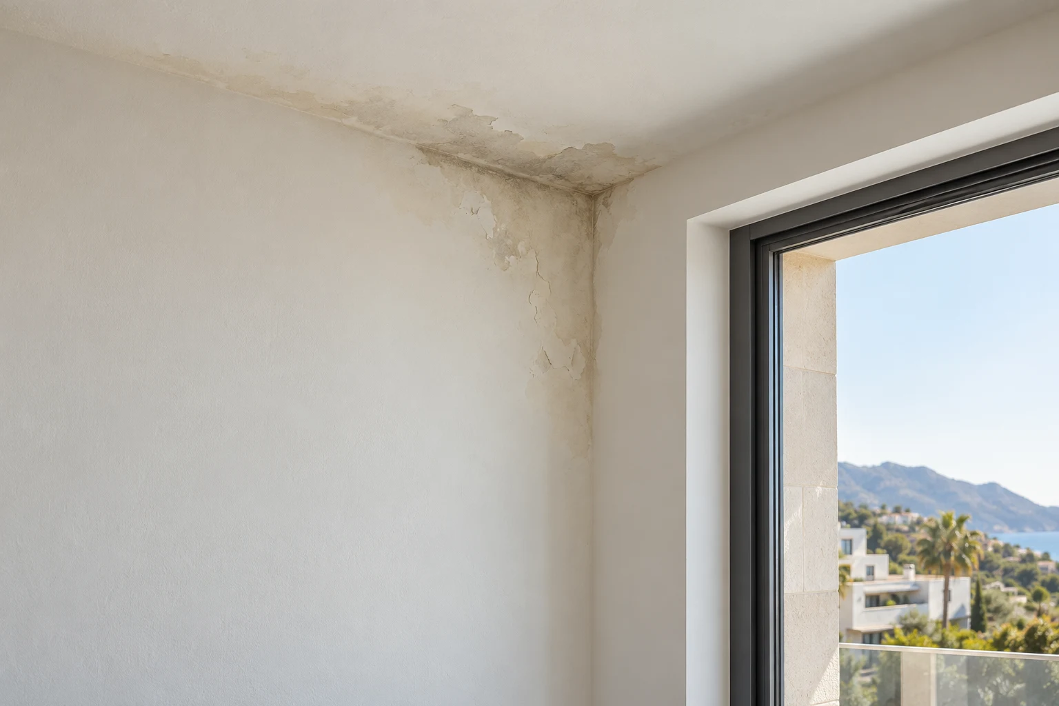 Ilustración de una mancha de humedad en el encuentro de pared y techo junto a una ventana