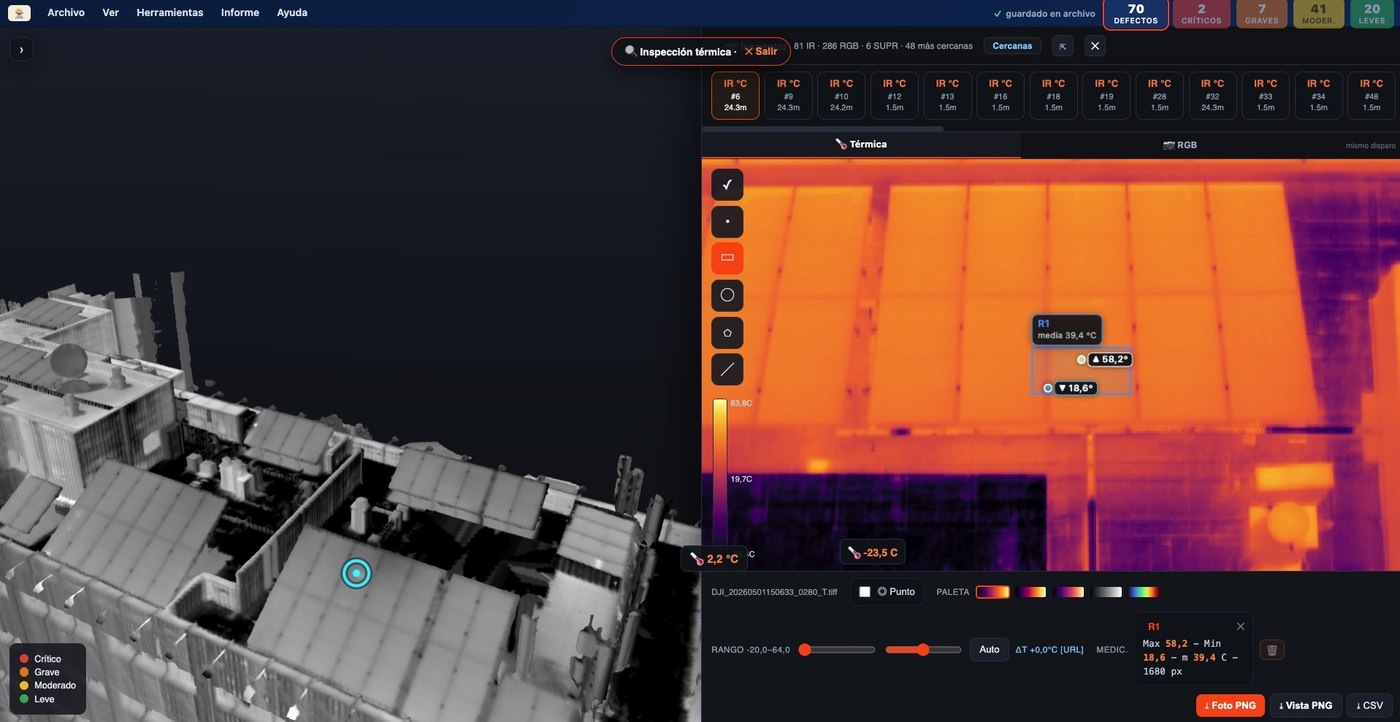 Inspector de fotos térmicas con medición por regiones en SolDron 360