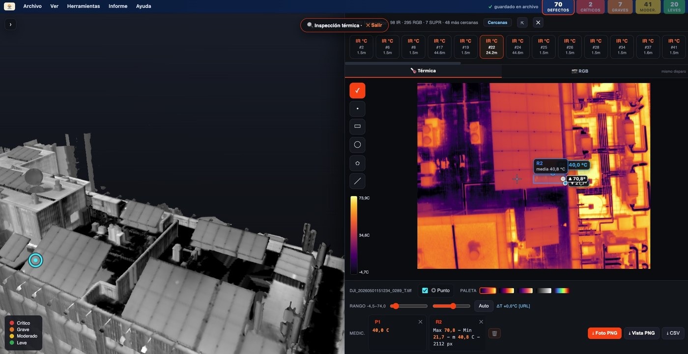 Modelo 3D navegable con termografía emparejada en SolDron 360