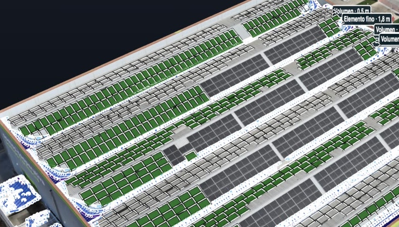 Detalle de una cubierta reconstruida en 3D, con alternativas de módulos simuladas. Ilustra una superficie construida; no es un modelo del terreno desnudo.