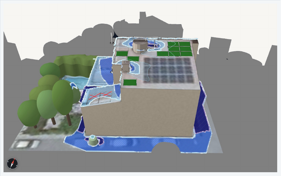 Fragmento del informe remoto: maqueta simplificada con placas propuestas en verde y zonas de pérdida por sombras en azul